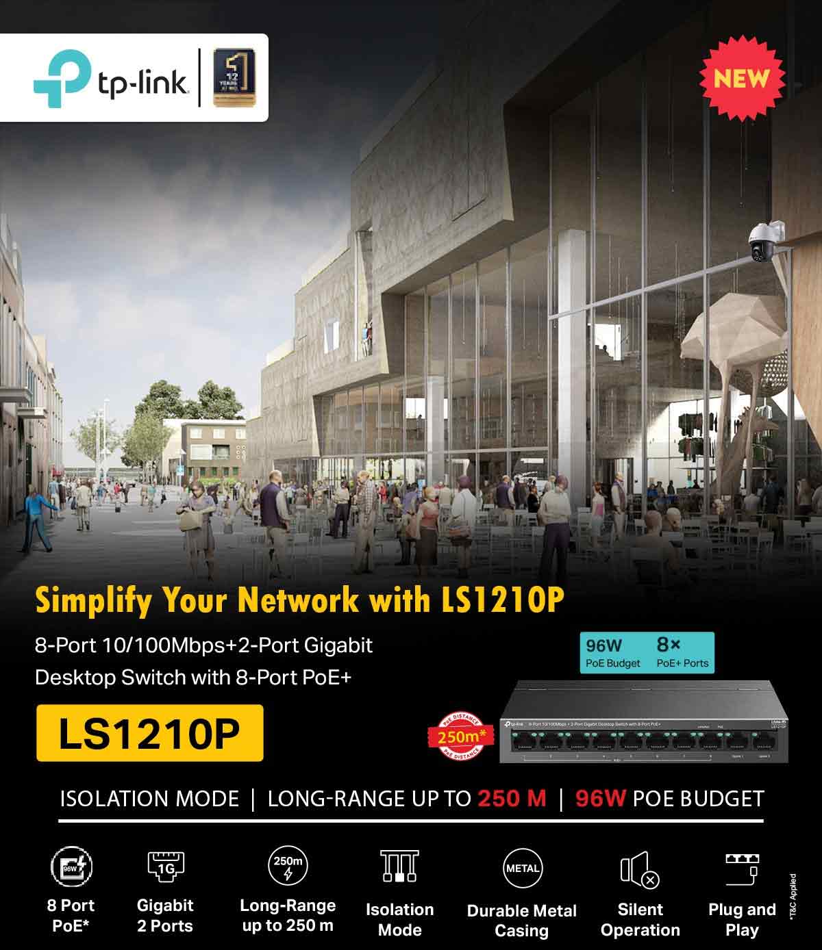 TP-Link LS1210P 8+2 Port 10/100Mbps Desktop Switch with 8-Port PoE+, 2 Gigabit RJ45 Uplink 96W PoE Budget, 250M, Metal Casing TP-Link LS1210P 8+2 Port 10/100Mbps Desktop Switch with 8-Port PoE+, 2 Gigabit RJ45 Uplink 96W PoE Budget, 250M, Metal Casing